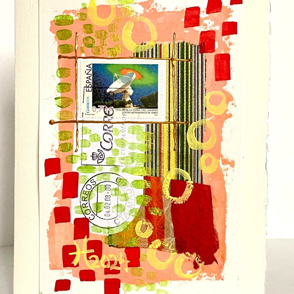 Collage Art Handmade Original Blank Greeting Card and Envelope Spain Postage